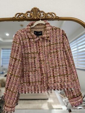 NWT. Adrienne Landau Womens Pink & Gold Tweed Cropped Blazer Coat in L